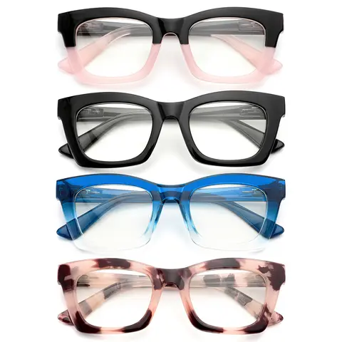 [4-Pack Mix Color Full Rim Chunky Glasses] Anti-Blue Light Reading Eyeglasses, Oprah-Style Square Frames Style Unisex Eyeglass Frames for Adults, Memorial Day Gift