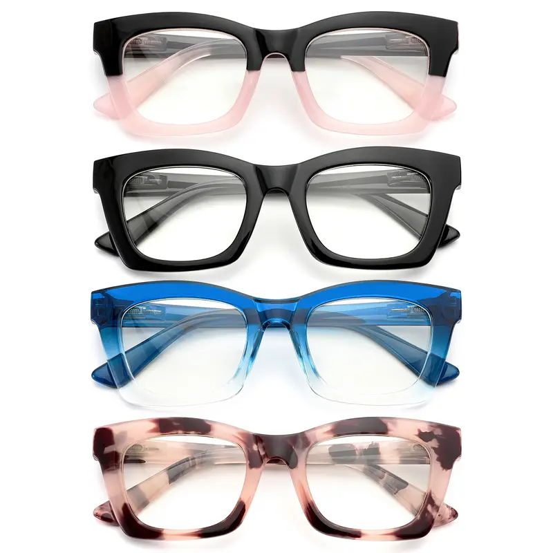 [4-Pack Mix Color Full Rim Chunky Glasses] Anti-Blue Light Reading Eyeglasses, Oprah-Style Square Frames Style Unisex Eyeglass Frames for Adults, Memorial Day Gift