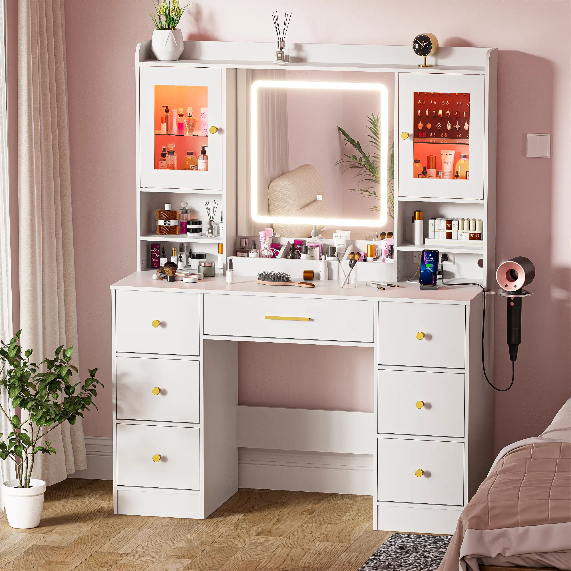 Vanity Desk with Mirror and Lights, with Power Outlet and LED Jewelry Cabinet Modern Capacity Makeup Vanity with 7 Drawers, Makeup Table for Bedroom,Makeup Room,White Makeup Dressing Desk Vanity Set