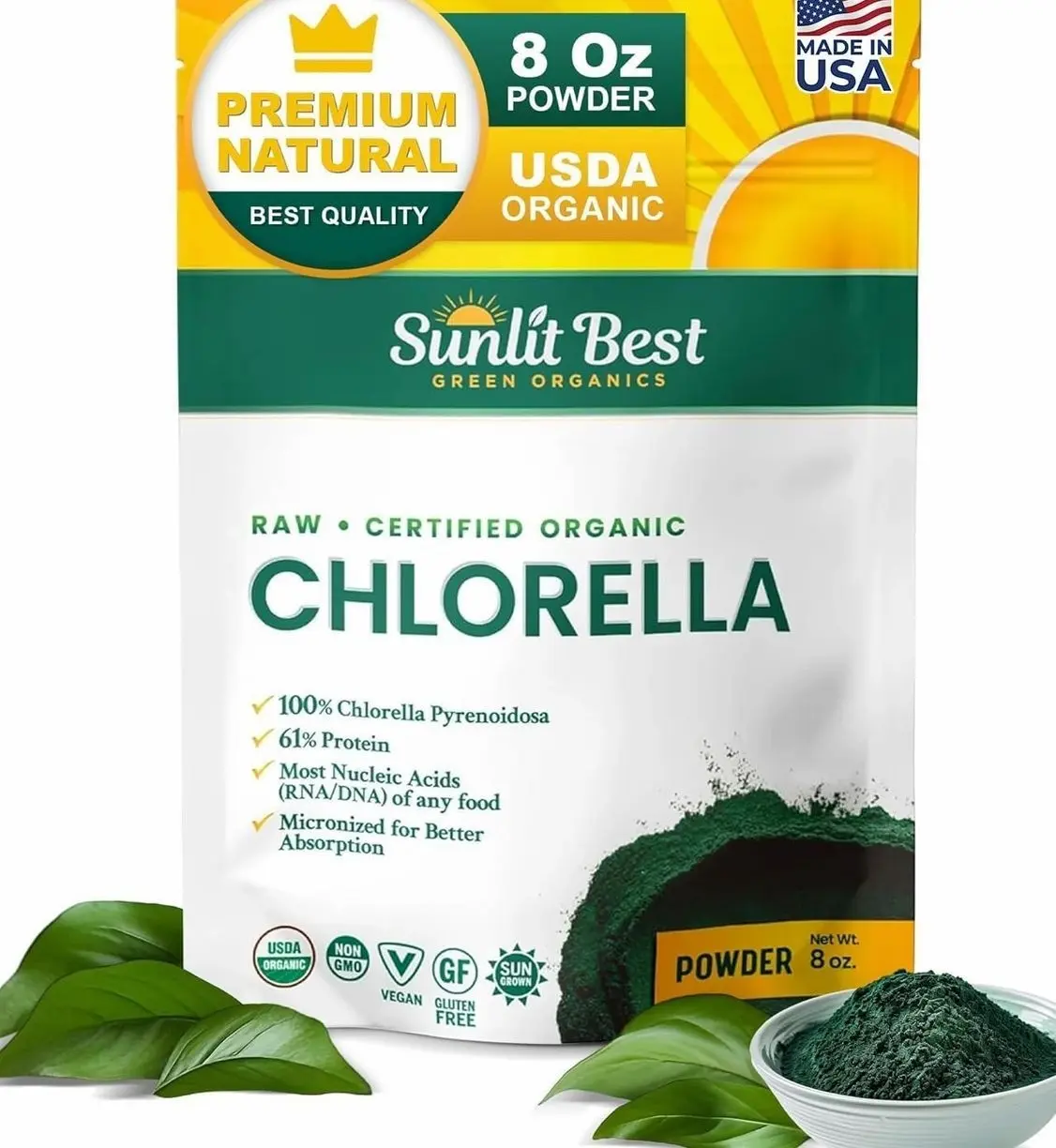 Sunlit Best Chlorella Powder Organic USDA, Green Algae Chlorella Powder, Broken Cell Wall Chlorellas, Raw Vegan Protein Chlorophyll - Non GMO, Gluten Free Superfood, Immune Support Supplement, 8 oz