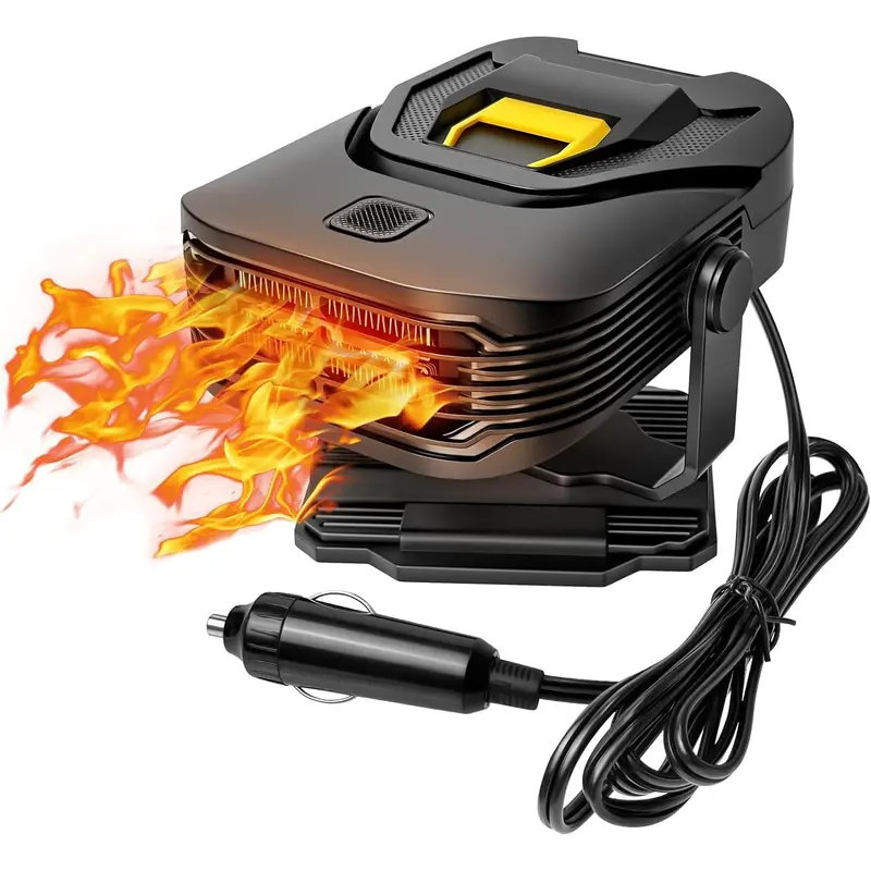 Car Heater, 2-in-1 12V 200W Portable Defroster with 360° Rotation, Quickly Melt Frost & Clear Fog on Windshield, Cigarette Lighter Plug in for All Car - Black/Yellow