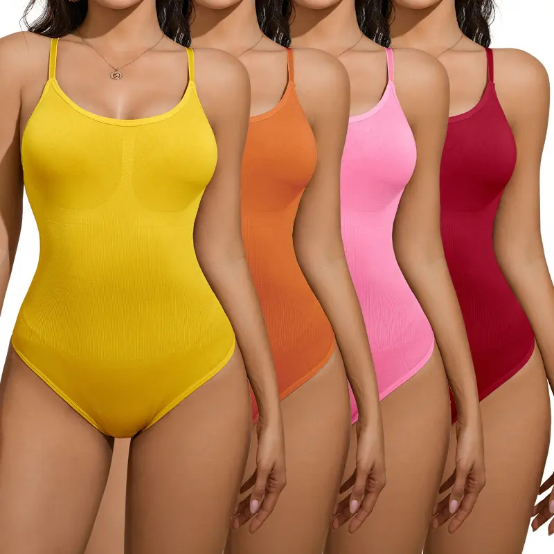 Nadia GO Women's 4-Pack Thong Shapewear Bodysuit - Tummy Tuck, Sculpting Compression, Adjustable Straps, Customized Slimming Fit, Basic Solid Multicolor Design, Smooth Elastane Poly, Ideal Under Dresses for a Sleek Look, Minimalist, Body Shaper Bodysuit S