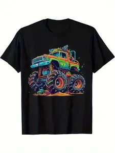 Boys' Monster Truck Truck Print T-Shirt - Quick-Dry Breathable Neon Glow-in-the-Dark Summer Playwear with Monster Semi-Truck & Truck Graphics (Machine Washable) - for Bedtimes & Daycares - Soft Casual Round Neck Tee for Boys