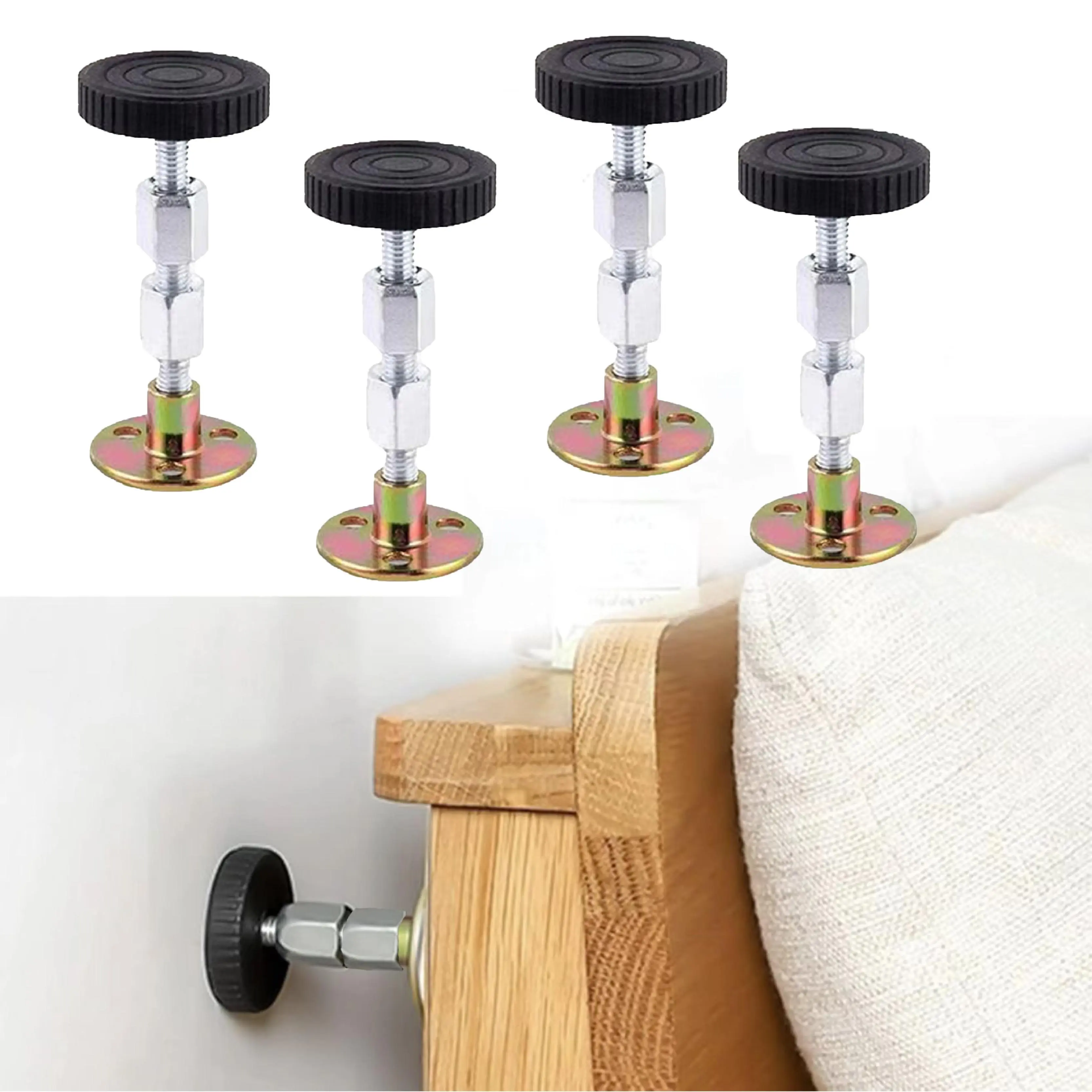 4-Count Adjustable Threaded Bed Frame Fixer - ABS Plastic Stabilizer for Stable Bed Frame & Cabinet, Anti-Squeak No-Shake Headboard Wall Brackets, Quick-Install Reinforcement System to Reduce Noise