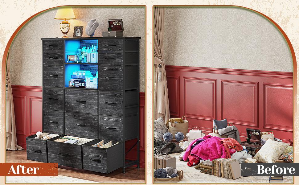 Raybee Furniture 51" H Dresser with 15 Drawers Dresser for Bedroom, with Charging Station & LED Lights & Hutch Sturdy, Steel Frame, Wood Top