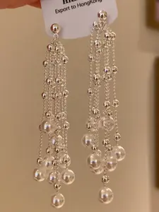 Vintage Cool Long Earrings, Elegant Faux Pearl Fringe Design, Fashionable High-End Luxury Jewelry, Unique Small Batch Ear Decor