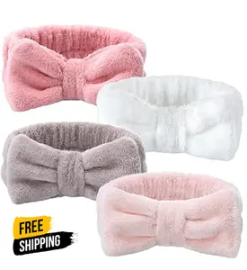 4 Pack Spa Headband for Washing Face, Girls Makeup Bow Tie Hair Band, Microfiber Women Headbands, Elastic Headband to Skincare, Gifts for Teen Girls- White, Brown, Rose Pink, Light Pink, For daily Used, Spa, Shower
