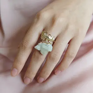 Natural Raw Prehnite Ring | Heart Chakra Healing Stone, Eases Anxiety, Balances Emotions & Attracts Abundance. Vintage Leaf Gold Setting. Top choice for daily commutes, office & gifting. Perfect fresh calming ring for besties & colleagues