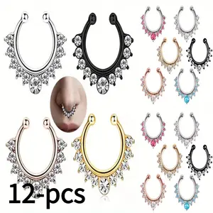 12-PCS Bohemian Non-Piercing Faux Nose Piercing Hoops Exquisite Shiny Cubic Zirconia Nose Ring No Piercing Needed Women & Men Vacation Travel Beach Jewelry