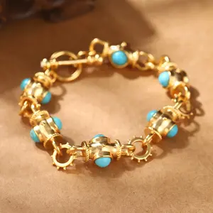 Vintage Boho Inspired 18K Golden Plated Alloy Bracelet with Turquoise Insets, Geometric Link Design for Women - Ideal for Daily Wear & Parties