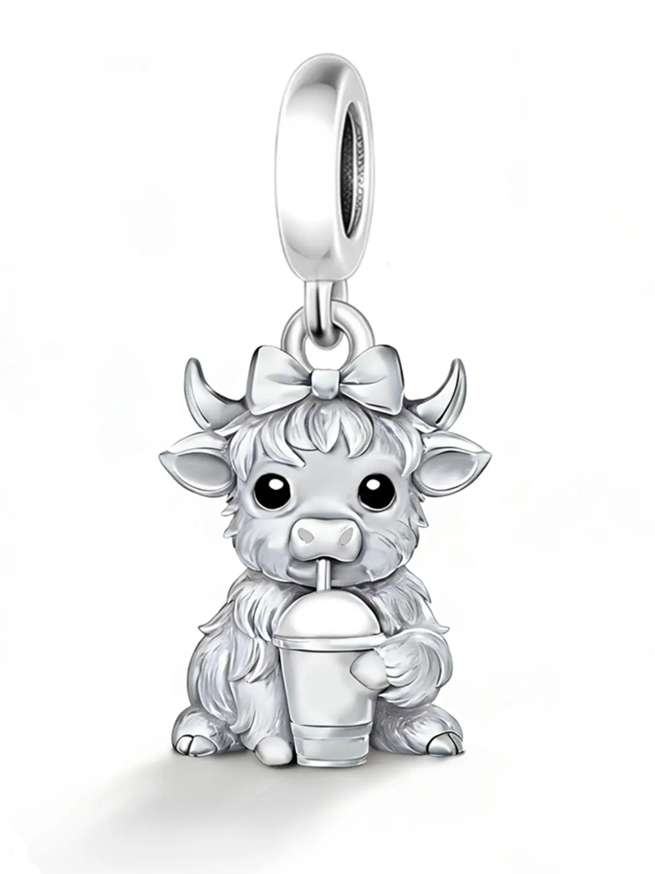 Cute Cartoon Bow Highland Cow Charm Pendant, Charms For Necklaces, Wearable Jewelry, Casual Trendy Jewelry, Silver Color Copper Material, Animal Pattern, Perfect Gift for Friends, All Seasons Accessory, Fashionable Accessory
