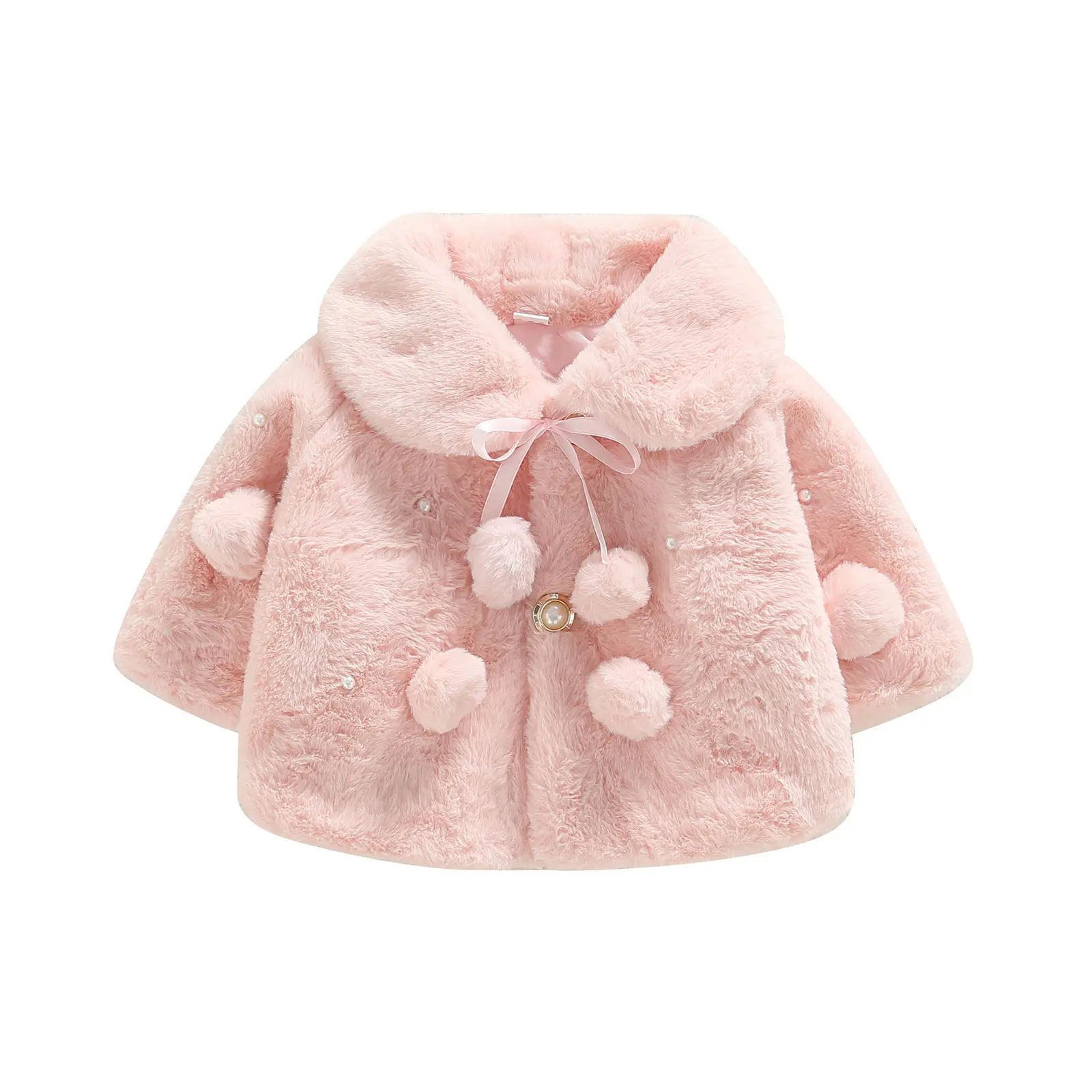 Elegant Faux Fur Coat for Baby Girl, Plain Long Sleeve Party Cloak with Pearl Embellishments for Toddlers, Pearls, Batwing, Wide Lapel, Cotton Blend Fabric, True-To-Size, 0-2 Years, 18 - 24 Months, 24-28 Cm