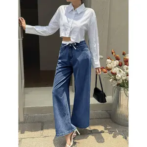 Womens Wide Leg Jeans High Waisted Drawstring Color Block Patchwork Baggy Loose Y2K Denim Pants with Pockets, Oversized, Adjustable