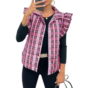 Women's pink checkered down vest with ruffled sleeves and front pocket, suitable for casual quilted vest for daily wear in autumn and winterRAIMENTRY
