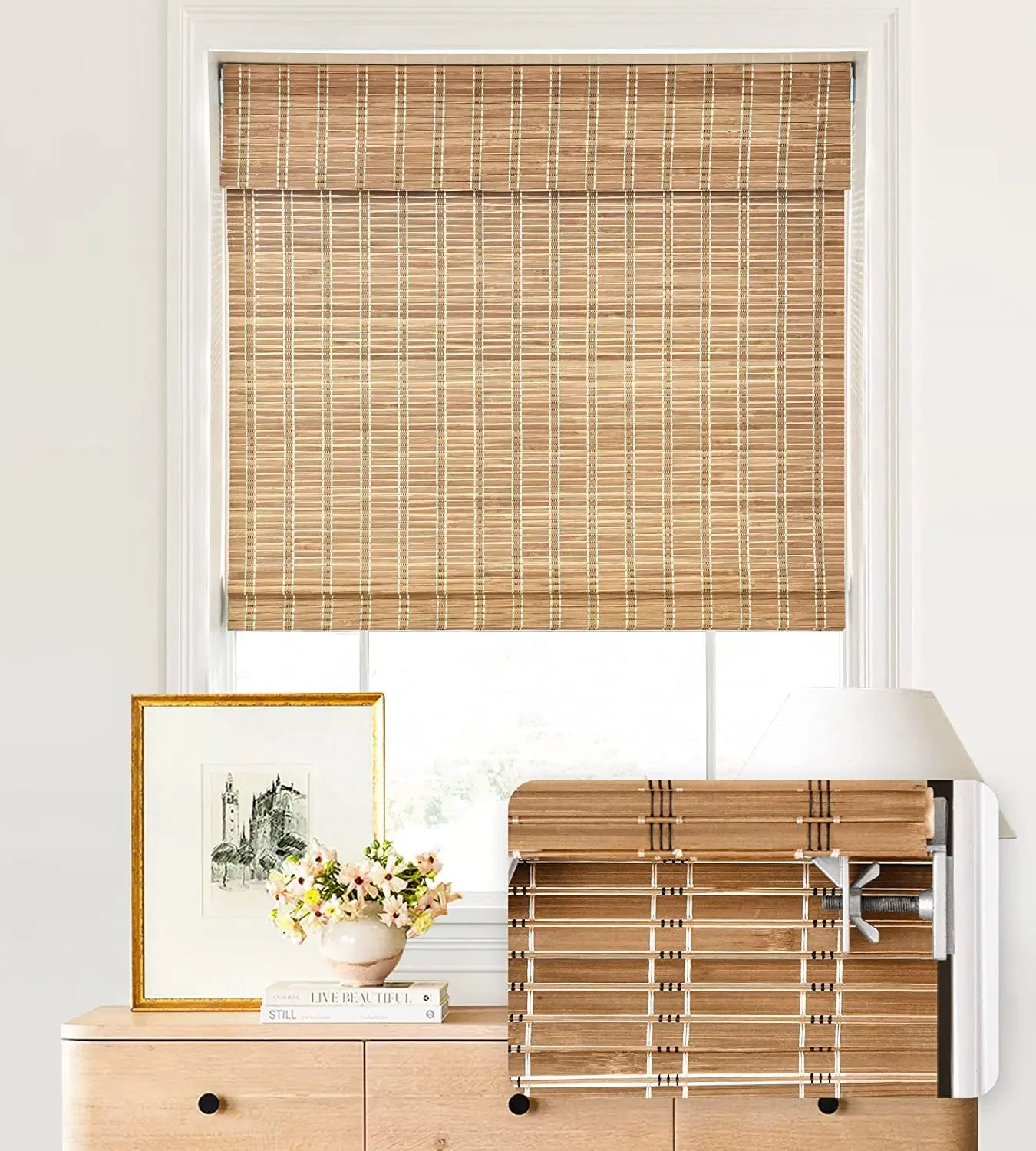 LazBlinds No Drill Cordless Bamboo Roman Shades, 36" W × 64" H, Brown | Tool-Free Light Filtering Window Treatment, Roll Up Bamboo Blinds for Windows