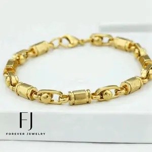 Men's 8" Solid Stainless Steel 6mm Hexagon Link Chain Bracelet Gold plated Box