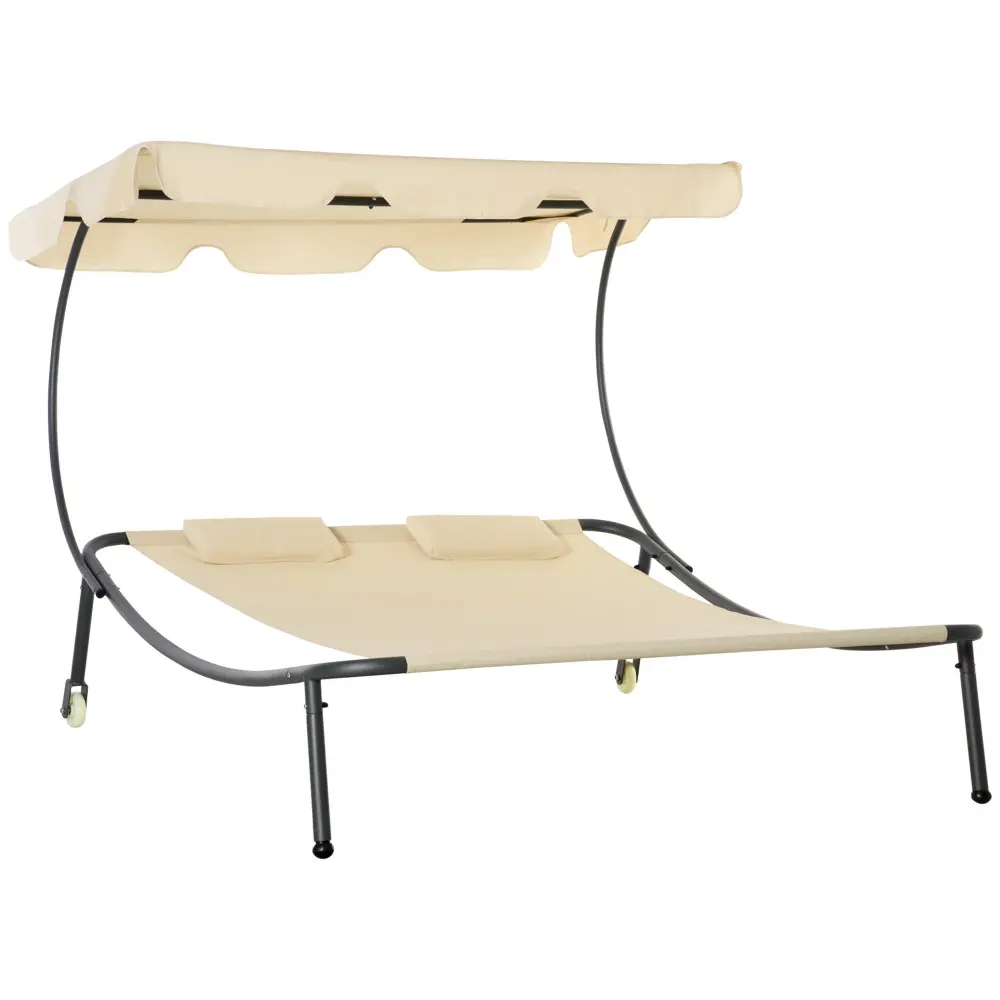 Outsunny Patio Double Chaise Lounge Chair, Outdoor Wheeled Hammock Daybed with Adjustable Canopy and Pillow for Sun Room, Garden, or Poolside, Beige