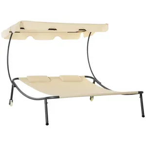Outsunny Patio Double Chaise Lounge Chair, Outdoor Wheeled Hammock Daybed with Adjustable Canopy and Pillow for Sun Room, Garden, or Poolside, Beige
