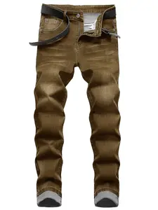 Men's Slim Fit Washed Vintage Jeans Casual Stretch Versatile Khaki Trendy Trousers Pants Brown Denim Cotton