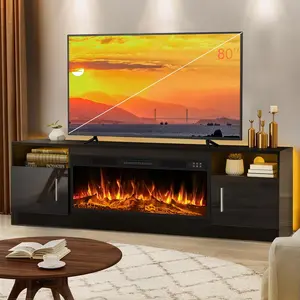 PUKAMI Fireplace tv Stand with 36 inch Fireplace Up to 90" TVs, LED Light Entertainment Center and Storage, 80" Modern Wood Media TV Console with Highlight Cabinet for Living Room