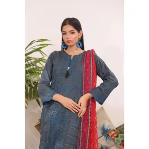 Charcoal Teal 3-Piece Embroidered Chikan Kari Suit