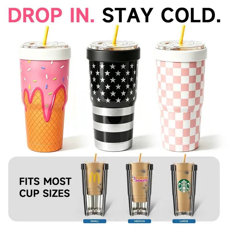 Universal Cup Insulator for to-go cups - Keeps Drinks Hot Cold 12+ Hours - Vacuum Insulated Tumbler