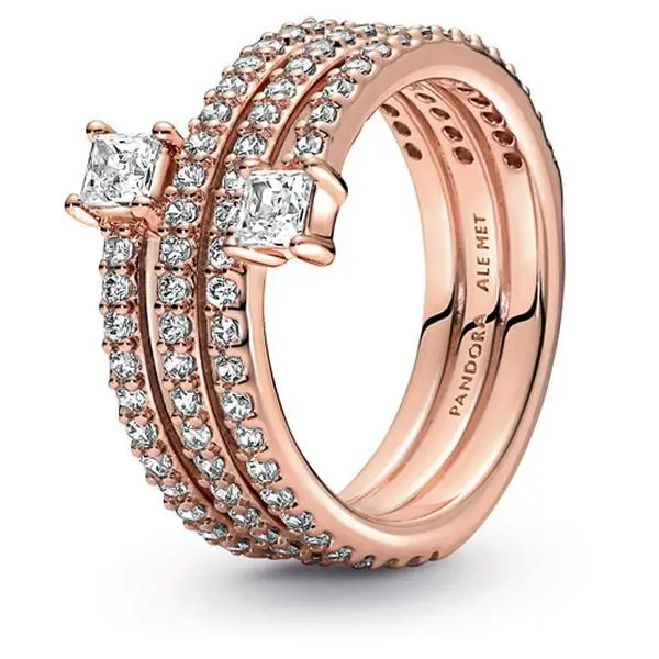 PANDORA Timeless Triple Spiral Statement Ring for Women, Hand-Finished 14-Karat Rose Gold-Plated with Brilliant-Cut Cubic Zirconia, Statement Look, Square Stones, Female, Adults, Bold Statement