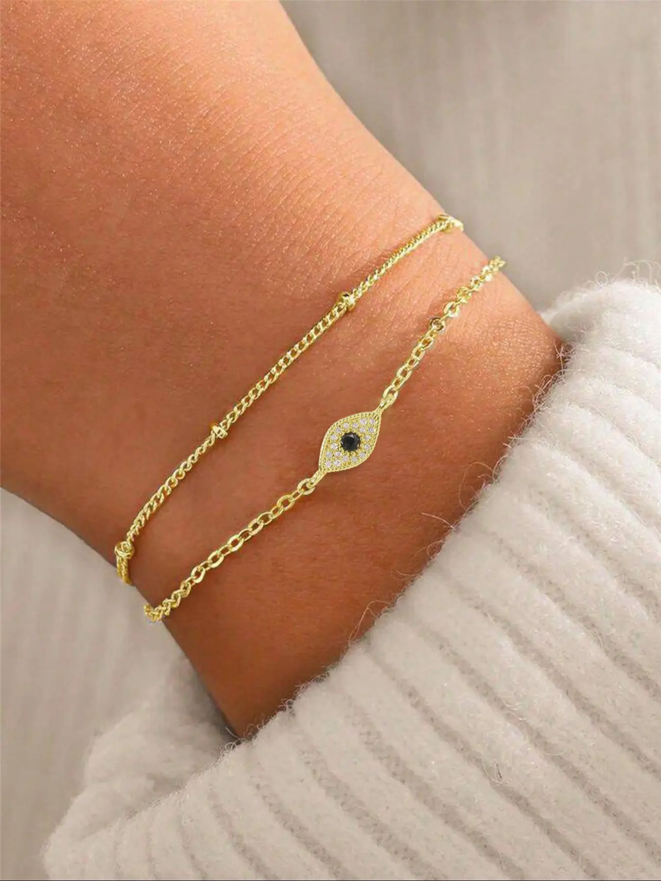 Classic Design Dual Layer Evil Eye Pendant Bracelet Set, Copper Chain Beads Randomly Selected, Casual Style for All Seasons, Trendy Stack Bangle, Bracelets Stack, Trendy Jewelry