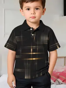 Boys' Casual Fashion Short Sleeve Polo Shirt, Classic Button Collar Top, Comfortable Outdoor Wear, Trendy Kids Clothing