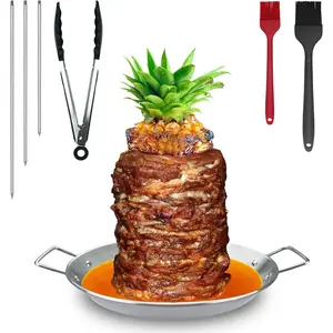 Vertical Skewer-Al Pastor Skewer for Grill, Stainless Steel Shawarma Pan, Vertical Spit with 3 Spikes(8"/10"/12"), Brushes & tongs, for Tacos Al Pastor, Kebabs Smoker Oven BBQ (10" base pan)