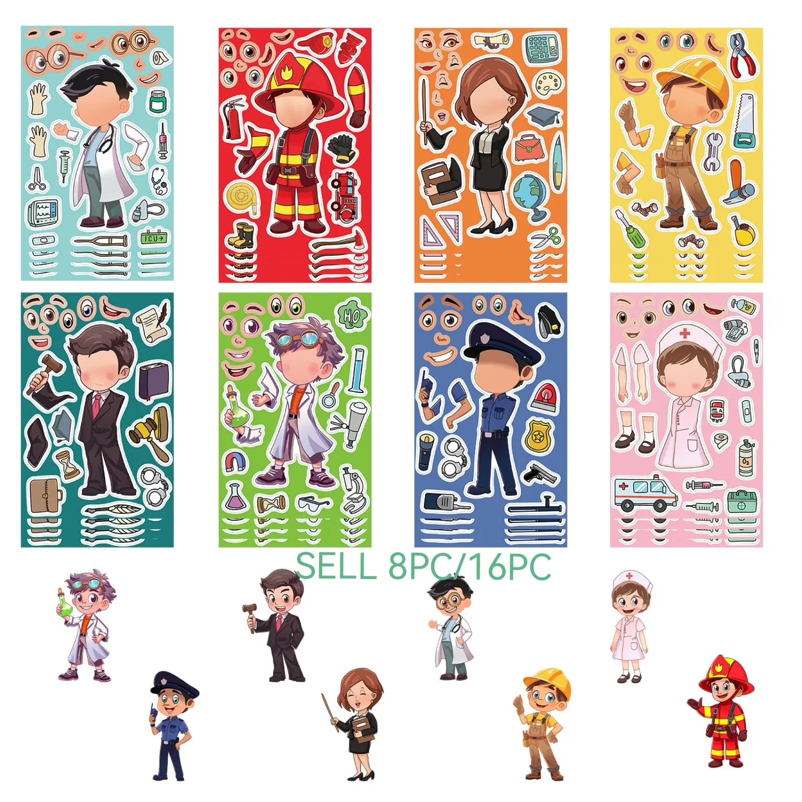 8 Job Dress Up Stickers DIY Career Paper Doll Set, Self-Adhesive Album Paper, Perfect for Scrapbooking, Crafts and Albums, 8 Sheets/16 Sheets