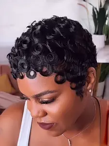 Short Layered Curly Pixie Cut Adjustable Human Hair Wig With Bangs Glueless Full Machine Made Natural Black Wig For Women