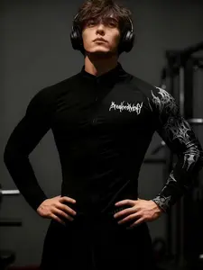 Men's Zipper Long Sleeve Stand Collar Gym Workout Shirt, Comfortable Soft Fabric, Arm Chest Print Design, Ideal for Running Outdoor Cycling