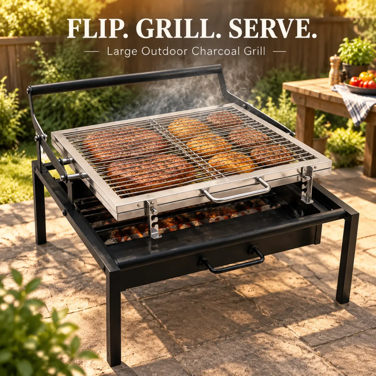 Compact Portable Flip-Over Charcoal Barbecue Stove - No-Fuss Large BBQ Cooking Grate, Easy-Clean Outdoor Grill for Patio, Camping, All Seasons Use