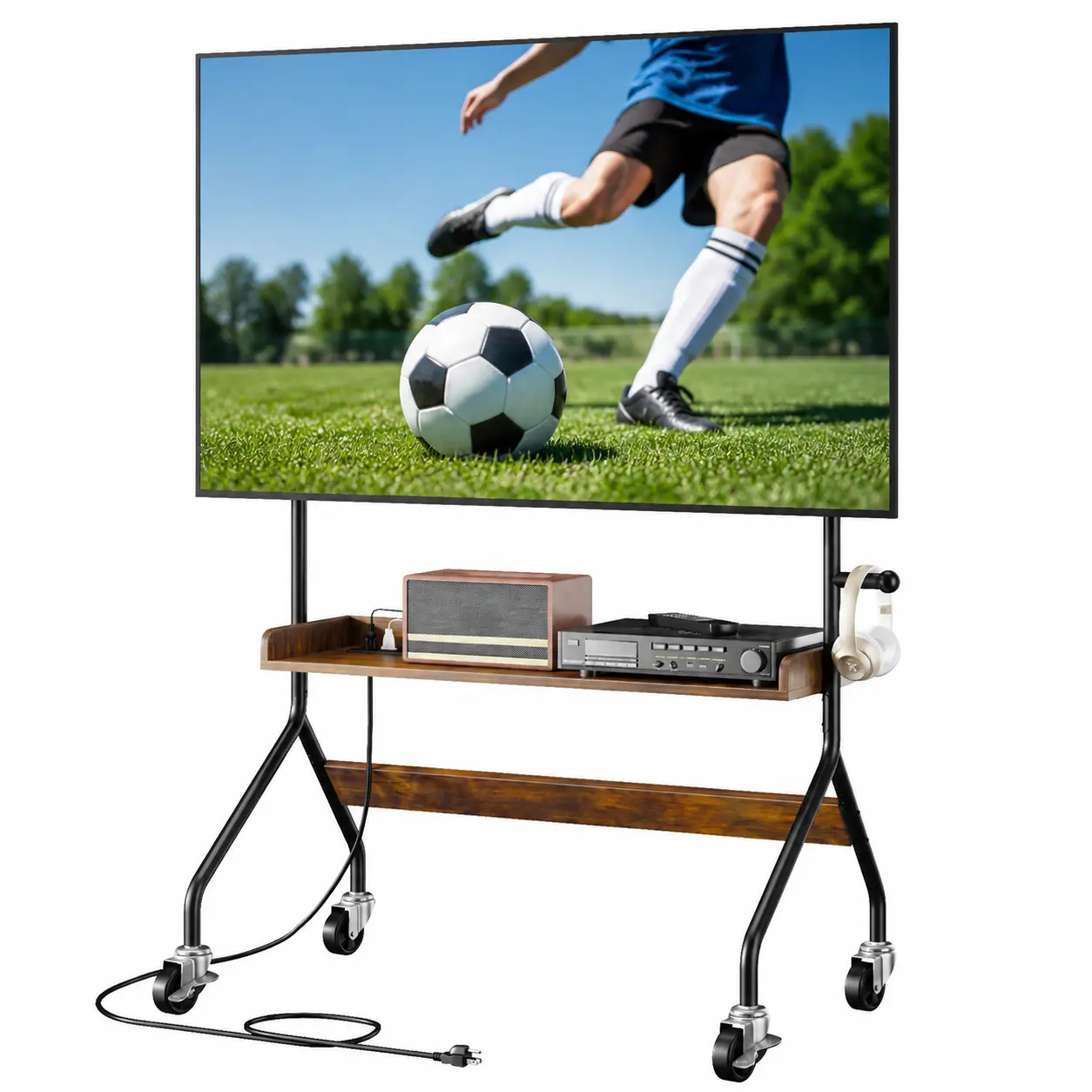 【Summer Wins】Rolling TV Stand with Power Outlet, Mobile TV Cart for 32-75 Inch TV Screen up to 110 Lbs, Easel Portable TV Stand on Wheels with Shelf for Bedroom, Corner, Living Room - V1