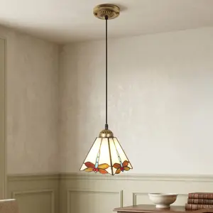 Tiffany Style Stained Glass Pendant Light, Dragonfly Mini Hanging Ceiling Lamp, 8.3 Inch Shade, Adjustable 41.7 Inch Vintage Fixture For Bedroom Dining Room Entryway