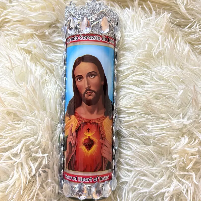 Vela Decorada Jesus Candle - Sacred Heart of Jesus Decorative Candle with Crystal Accents and Faithful Design