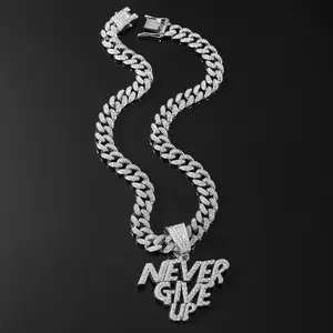 Mens Hip Hop NEVER GIVE UP Pendant Necklace Iced Out Bling Cuban Chain with Crystal Zirconia Gold Plated Jewelry for Men Women Unisex Gift