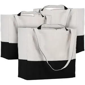 Canvas Tote Bag  Grocery Bags with Long  Strap and Short Handle Foldable Heavy Duty Washable (Black-3pack)
