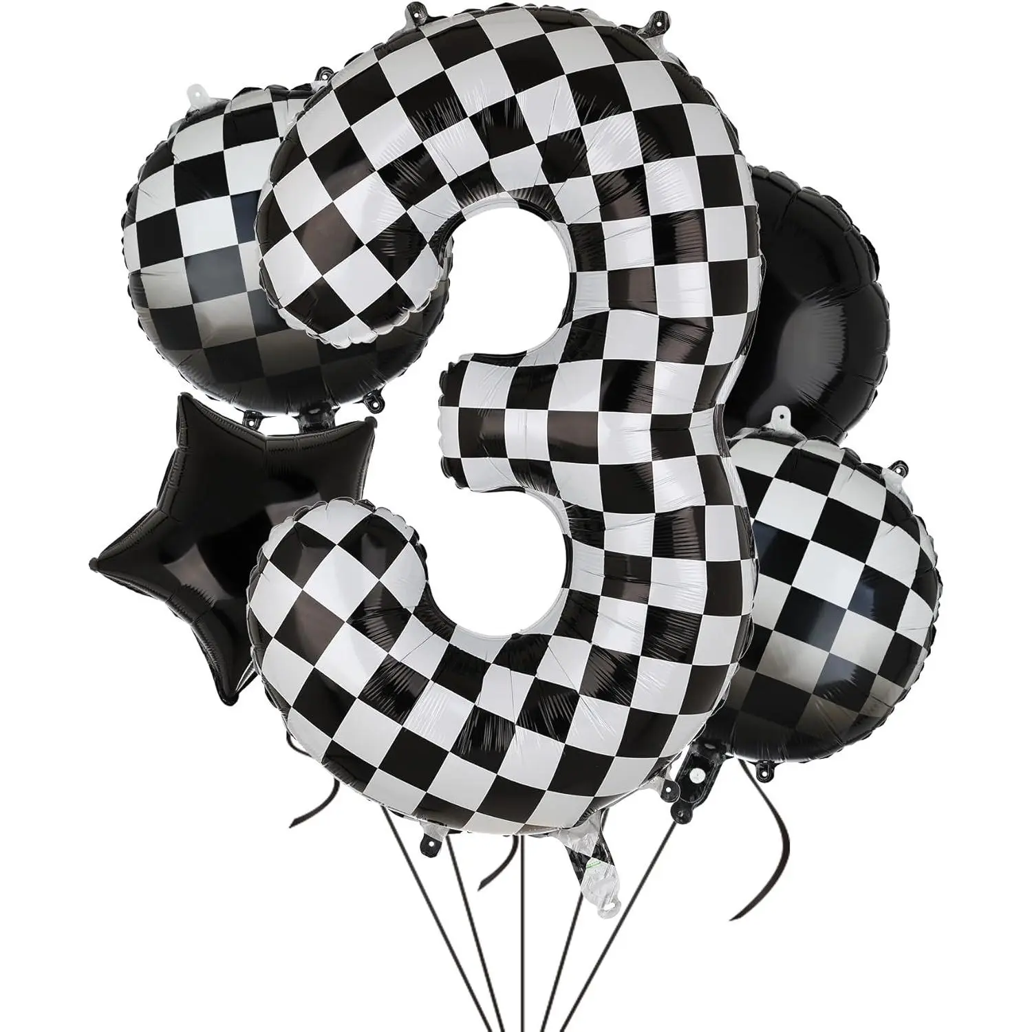 P-PSD018 1 Pcs 40-Inch Checkered Number Balloons, Black-White Plaid Design with Aluminium Accents, 5-Piece Round Star & Biodegradable Irregular Balloons for Boys’ Parties, Black White 3, Thanksgiving Decor Supplies, Father's Day