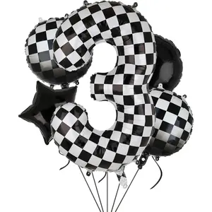 P-PSD018  40 Inch Checkered Number Balloon 3 Black and White Race Car Birthday Balloons Baby Hippie Smile Party Shower Boys 3rd Birthday Race Car Theme Party Decor Supplies 5 Pcs Round Star