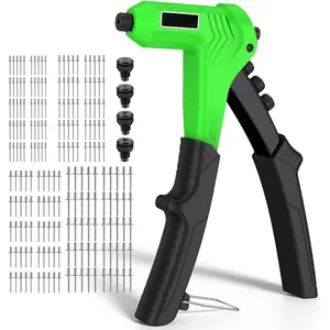 Rivet Gun with 200PCs Rivets One-Handed Pop Rivet Gun Set Professional Hand Riveter Manual Riveting Tool 4 Tool-free Interchangeable Nosepieces Effortless Handle Design for Plastic Metal Leather
