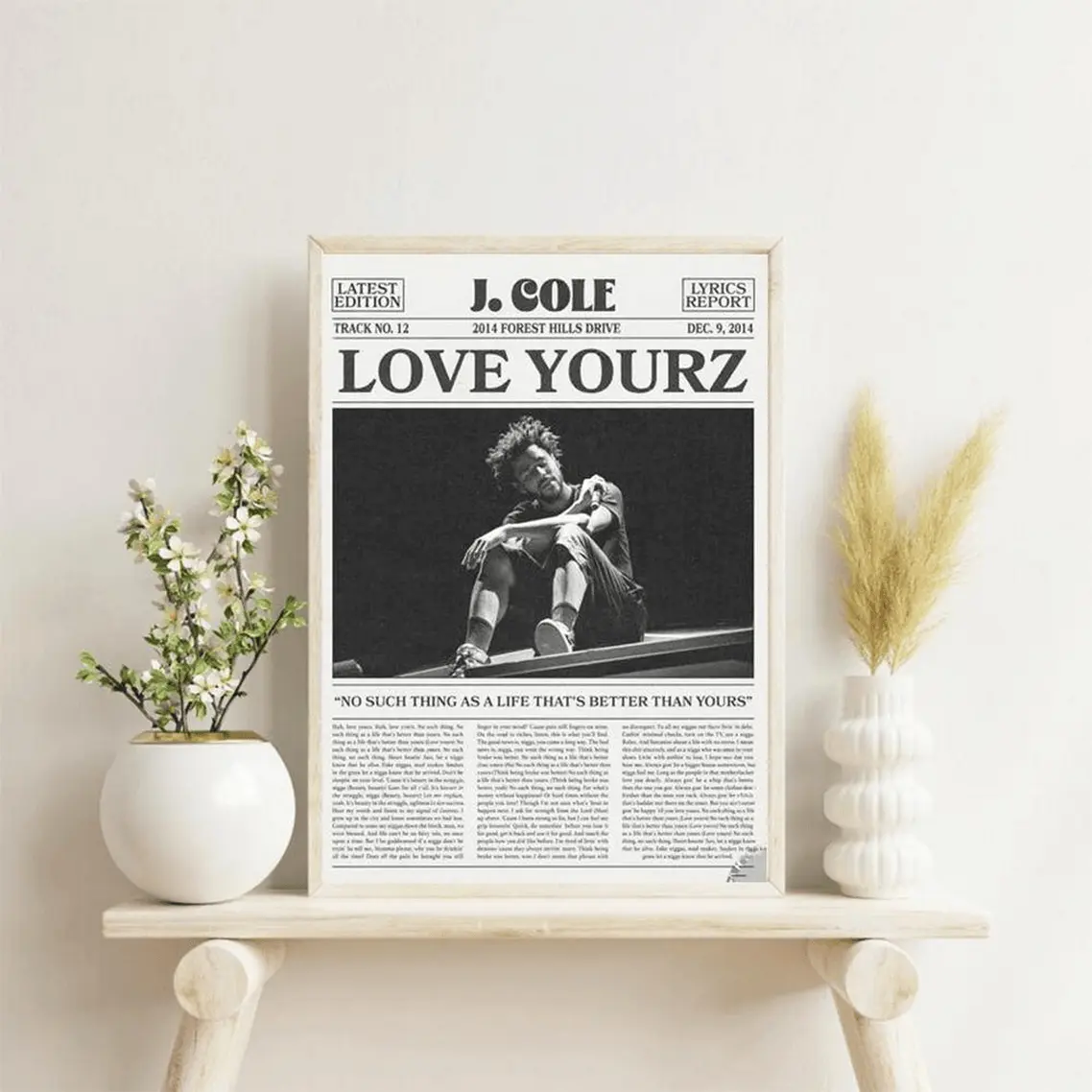 J. Cole Retro Newspaper Print, Love Yourz Lyric Music Quote Unframed Poster, J. Cole 2014 Forest Hills Drive Wall Art Minimalist D