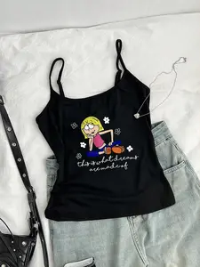 Women's Cartoon Girl Print Crop Cami Top, Casual Adjustable Strap Top for Daily Wear, Ladies Clothes for All Seasons, Spaghetti Strap, Floral Cami