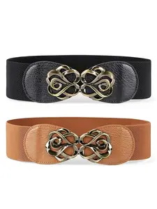 2 Pack Women Stretchy Belts for Dresses Vintage Elastic Wide Waist Belts Adjustable Elastic Belt