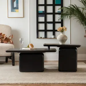 Vintage Square Coffee Table Set of 2  Classic Wood Grain Finish Accent Tables for Living Room, Office, or Dining Space |   Retro Modern Black Center Table for Home Decor & Daily Use