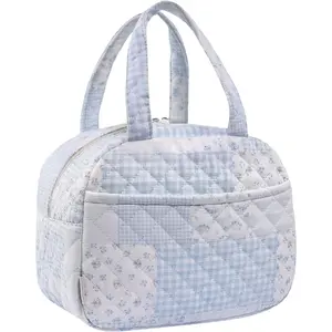 Quilted Lunch Box for Women,Insulated Cute  Lunch Bag with Front Pocket, Flower StylishLunch Tote Bag for Work, Office,Picnic, Travel,School(green blue pin)