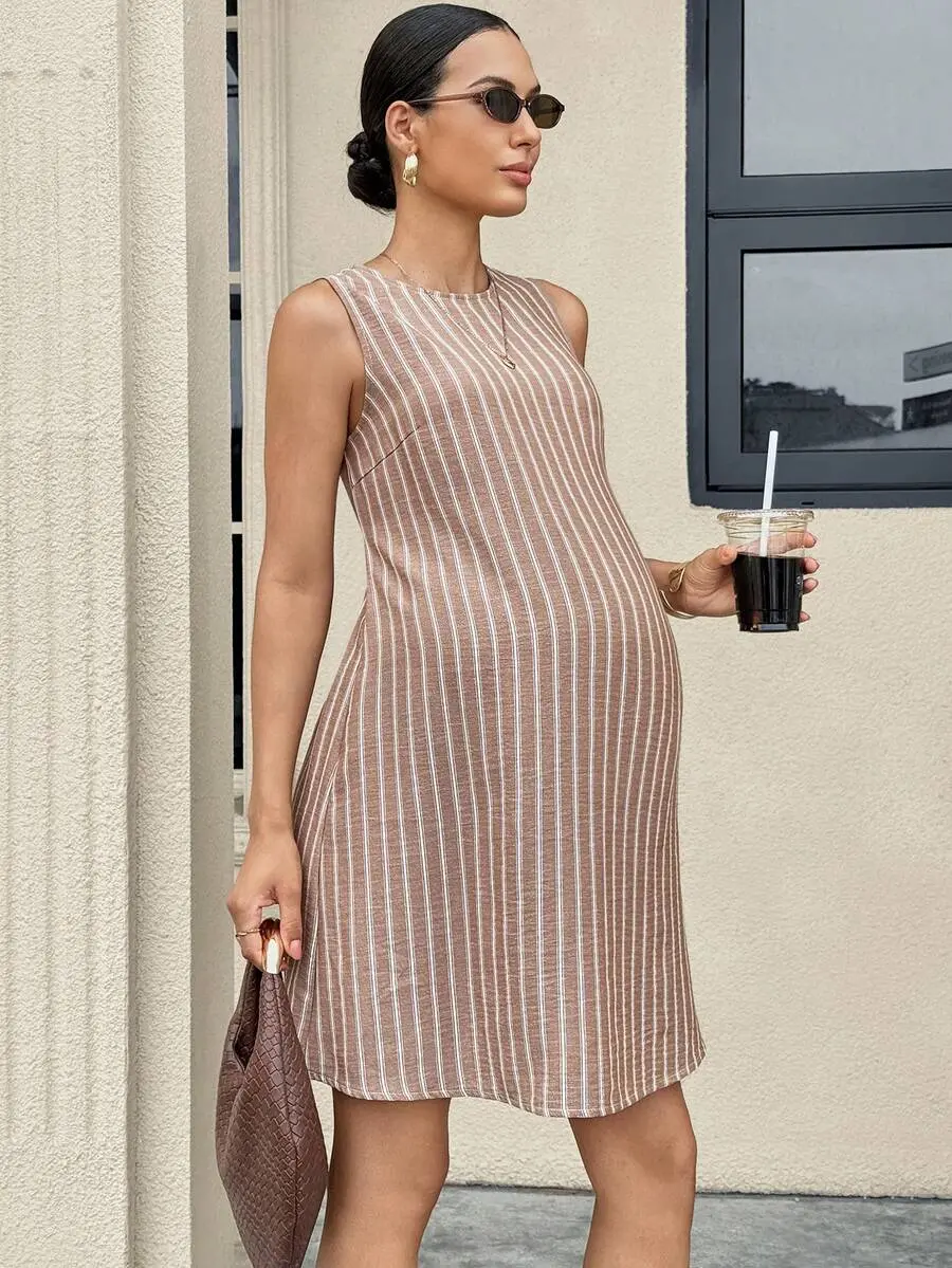 ROSY x MaterniWear Summer Outfits,Maternity Work Clothes,Maternity Dresses,Business Casual Outfit Women ,Office Wear Vacation Striped Print Backless Sleeveless Dress