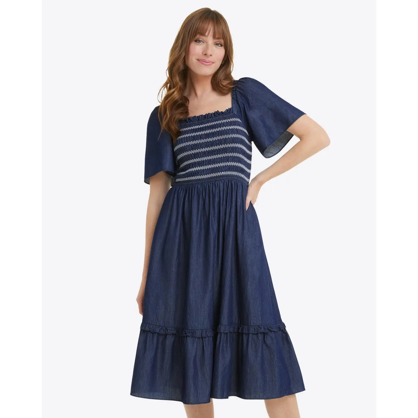 Deana Smocked Dress in Dark Wash