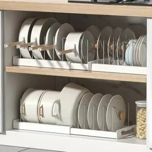 Expandable Pot and Pan Organizer Rack for Cabinet, Pot Lid Organizer Holder with7 Stainless Steel Adjustable Dividers for Kitchen Cabinet Organizer and Storage , ideal for Baking Pans,(White, Grey)Foldable Design,Gifts for Mom